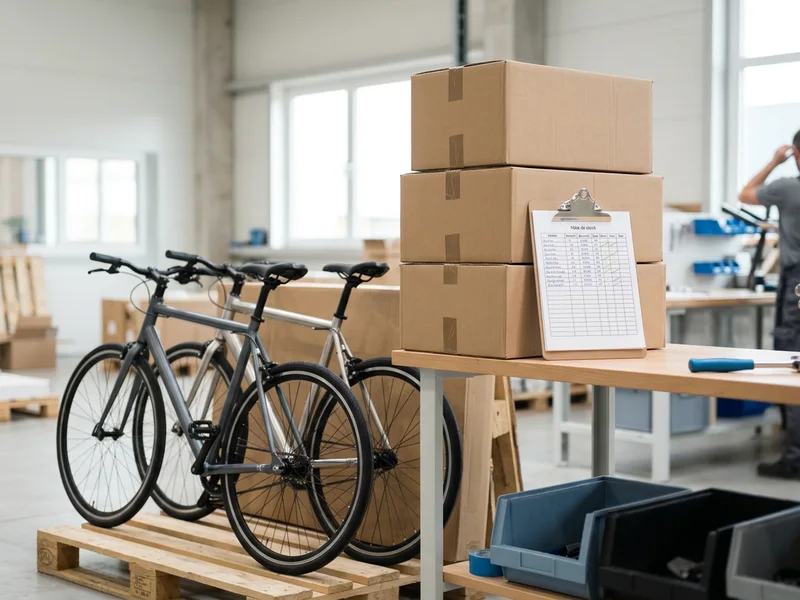 Deux vélos, trois cartons empilés et fiche de stock sur un porte-bloc dans un entrepôt.