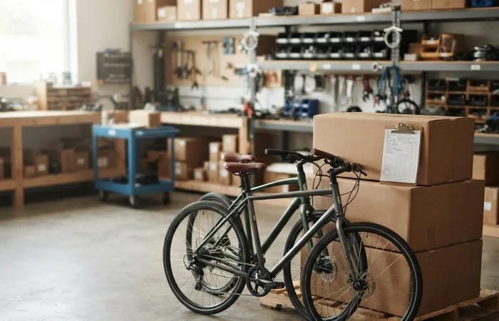 Deux vélos, trois cartons empilés et fiche de stock sur un porte-bloc dans un entrepôt.