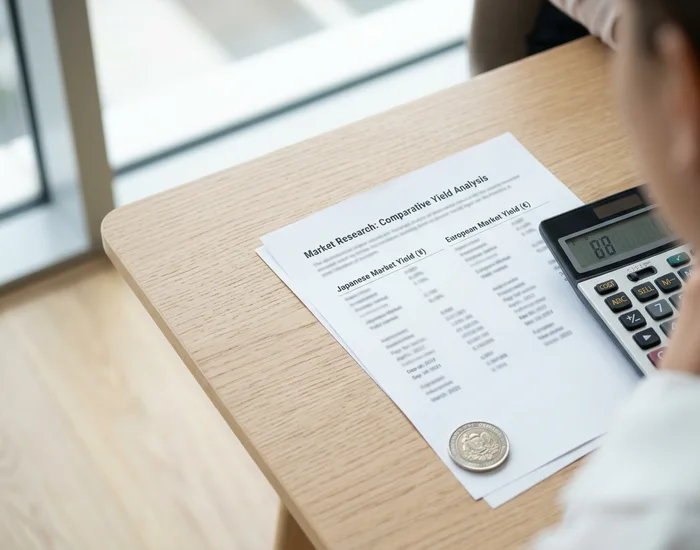 Feuille de rendement en yens et en euros, calculatrice et pièce de monnaie sur une table en bois clair.